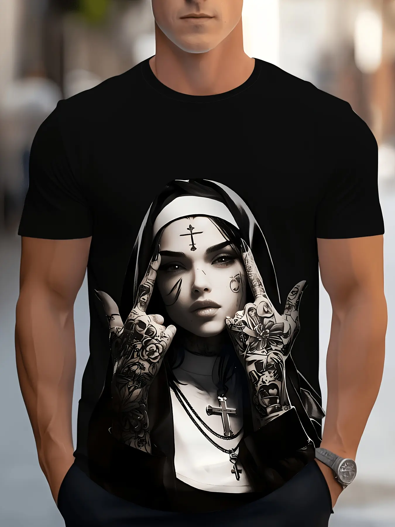 Men' Nun  Cross Tattoo Graphic T-Shirt - Edgy Stre