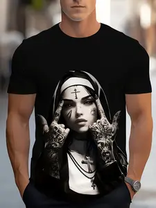 Men' Nun  Cross Tattoo Graphic T-Shirt - Edgy Stre