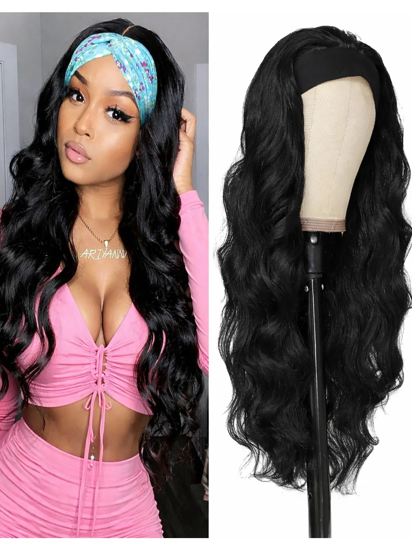 Long Wavy Headband Style Wig for Women Black Wigs 200% Denisty Headband Wigs Put On and Go Glueless No Glue Wig Long Synthetic Wig for Women Party Daliy Use（26inch) Synthetic Hair