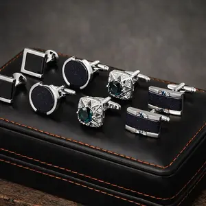 Men’s Cufflink Set 4 Pairs – Luxury Geometric & Stone Design, Formal Shirt Accessories, Gift Box
