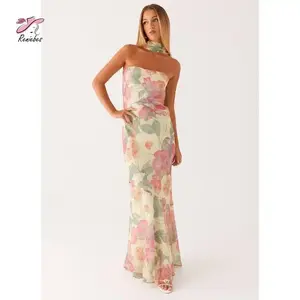 Women Floral Off Shoulder Long Tube Dress With Scarf Summer Casual Wear