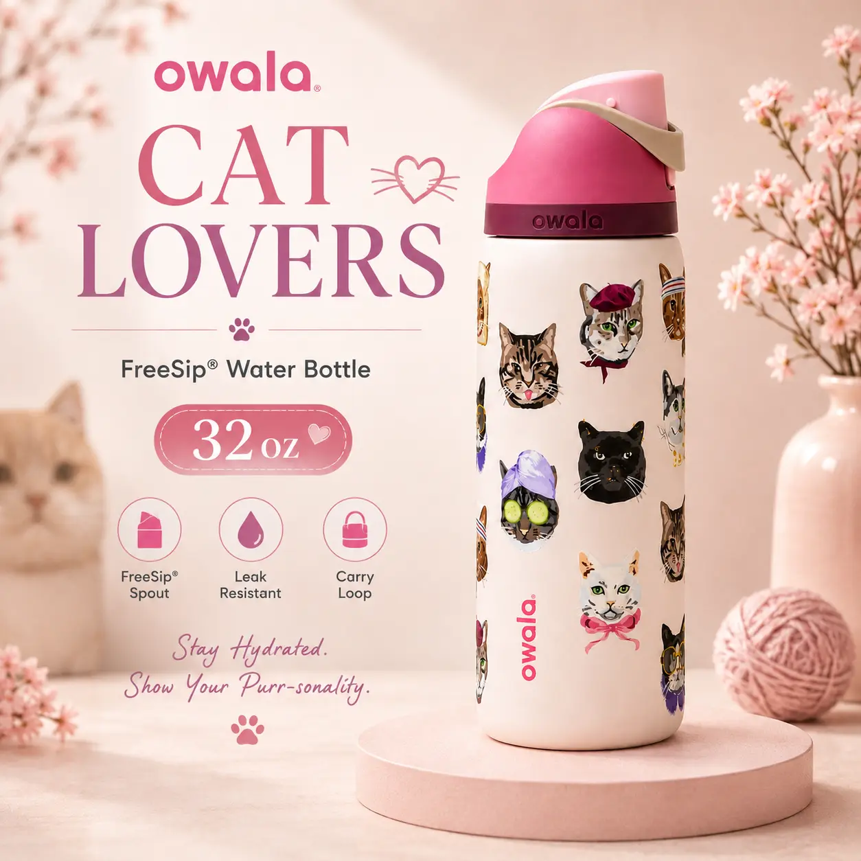 Owala FreeSip Cat Lovers 32 oz Insulated Stainless Steel Water Bottle with Built-In Straw, Cute Cat Print Design