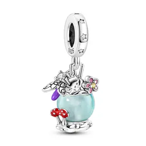 MULA S925 Silver-plated firefly luminous oil lamp pendant, color-changing luminous beads, with mushroom bow and flower elements, compatible with Pandora bracelets and necklaces