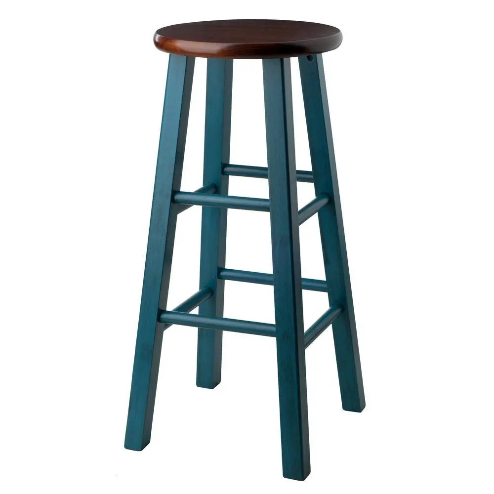 29" Rustic Teal Bar Stool, Round Solid Wood Seat, Fully Assembled