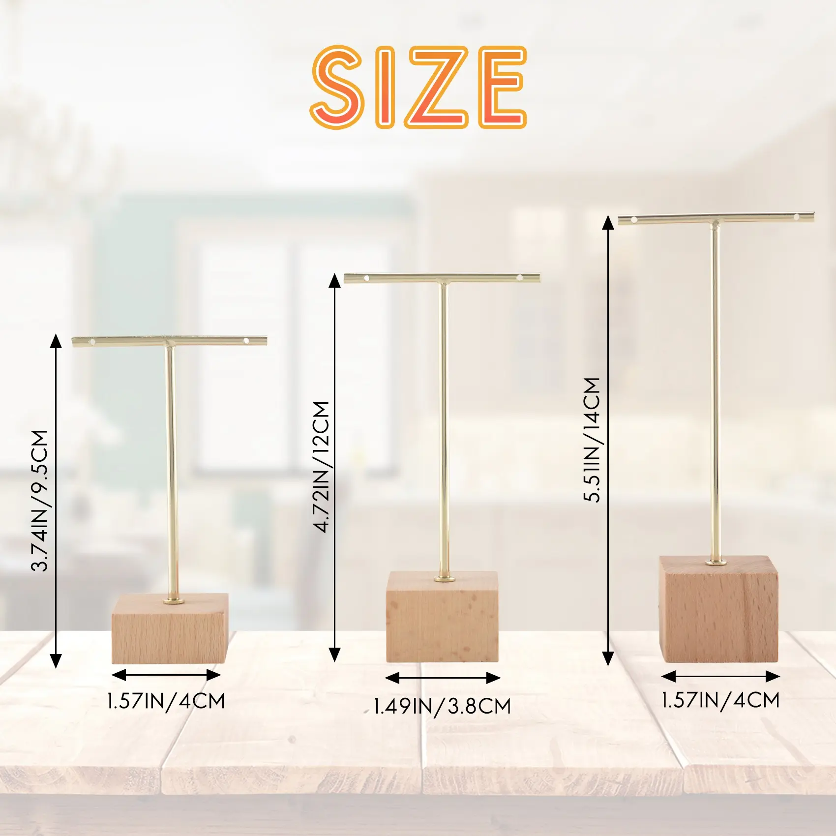 3 Piece T-Bar Jewelry Display Stand Set, Gold Earring Necklace Holder Rack with Wooden Base, Jewelry Organizer Display Rack for Home Dresser and Retail Store Counter