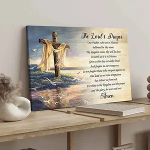 Cross & Letter Pattern Wooden Framed Canvas Painting, Modern Art Printing, Wall Art Decor for Home Living Room Bedroom Office, Religious