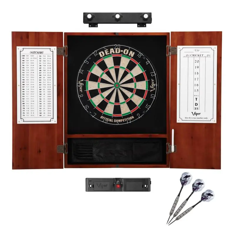 Complete Regulation Size Darts Board Bundle with Metropolitan Cinnamon Pine Cabinet, Self-Healing Sisal Board, Lights & Laser Throw Line
