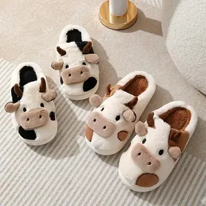 Cute Fuzzy Cow Slippers for Women - Winter Warm Cozy Animal Fluffy House Slippers Womenswear Walking Shoes Girl Slide Footwear