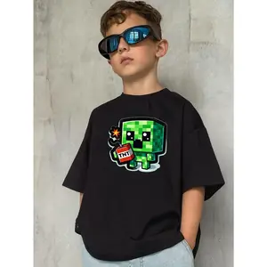 Young Boy's TNT Pixel Cute Game Art Graphic Cotton T-Shirt, Black With Cute Creeper Theme, Perfect Gifts To Christmas, Game Day, Sports Party Exquisite Shirts For Holiday Young Boy T-Shirt Loves - Pixel Art, Kids Summer/Fall Clothes, Round Neck Casual Exq