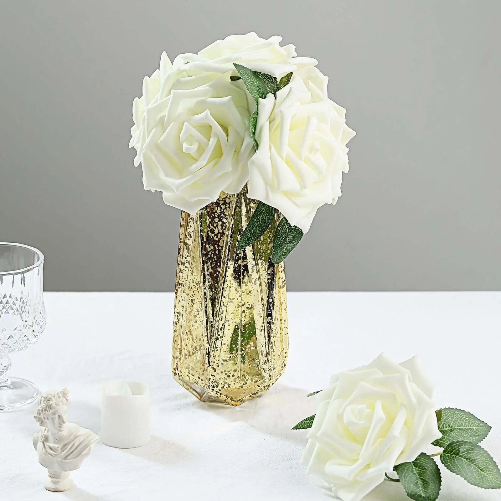 Ivory Artificial Foam Roses (24-Piece) with Wire Stems & 5" Leaves - Decorative Flower Accessories Bundle for Wedding, Party, DIY Projects Home Decor Supplies