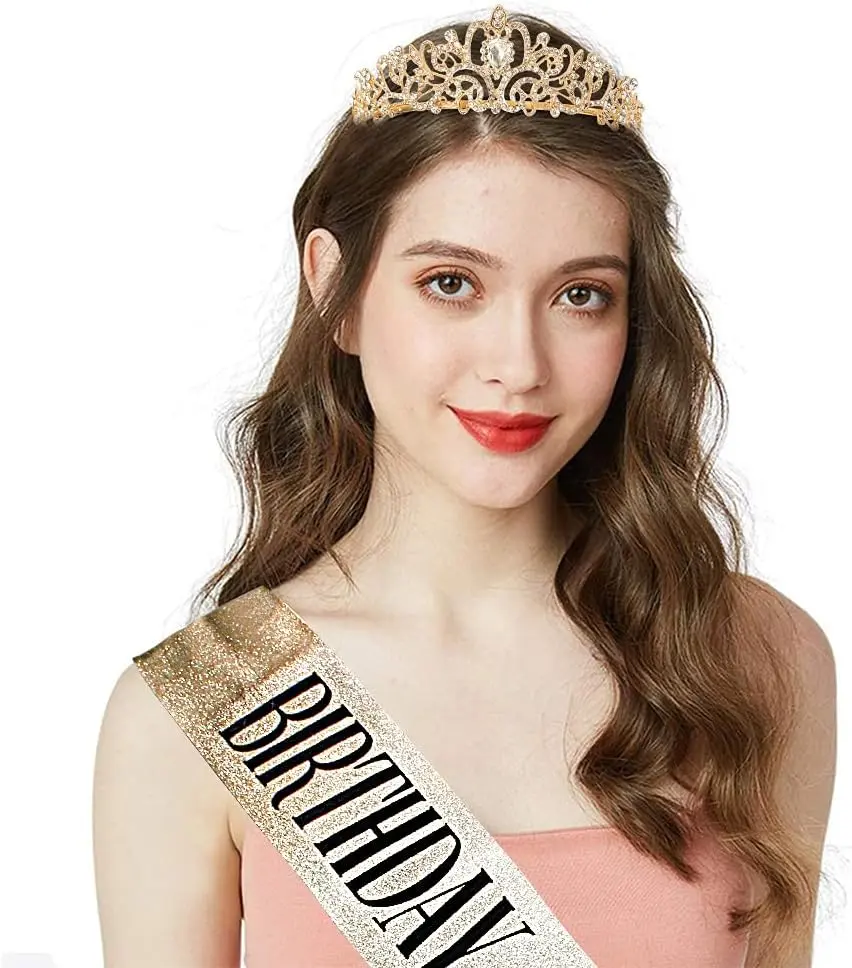 Women's Birthday Queen Sash and Tiara Kit Set - Gold Glitter Foil Sash, Sparkle Rhinestone Crystal Crown, Adjustable Alloy Hair Accessory, Double-Face Satin, Durable Pin, Hand-Pressed Foil, Fabric Construction