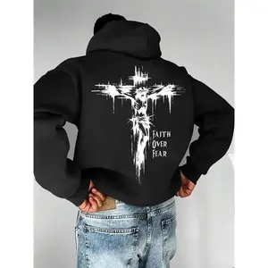 Men's Cross & Faith Over Fear Hoodie ?C Plush Lined Pullover, Thermal Sweatshirt with Kangaroo Pocket, Warm Long Sleeve Hoodie for Spring & Fall, Comfy Faith-Based Apparel, Inspirational Christian Hoodie for Men