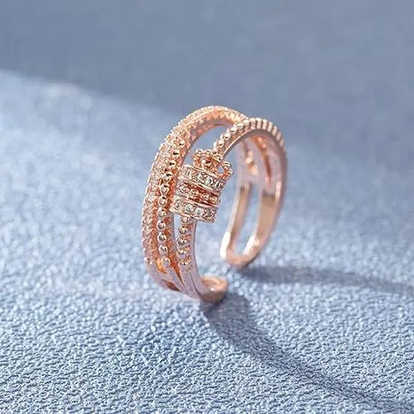 Women's Anti-Anxiety Rose Gold 3-Layer Electroplating Fidget Spinner Ring - Adjustable Open Band, Interlocked Multi-Layer Design, Cubic Zirconia Wave Functional Costume Jewelry, Performance Gift Idea, 360° Smooth Spinner System