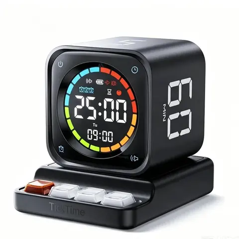TICKTIME TK3 Pomodoro Timer Cube - Digital Adjustable Timer, No Battery, No Magnets, Desk Productivity Tool with 5/10/30/60 Min Presets, Custom Countdowns, Stopwatch, Clock, 3 Alarms, Silent/Vibrate/Sound Alerts for ADHD Study, Kitchen (Black)