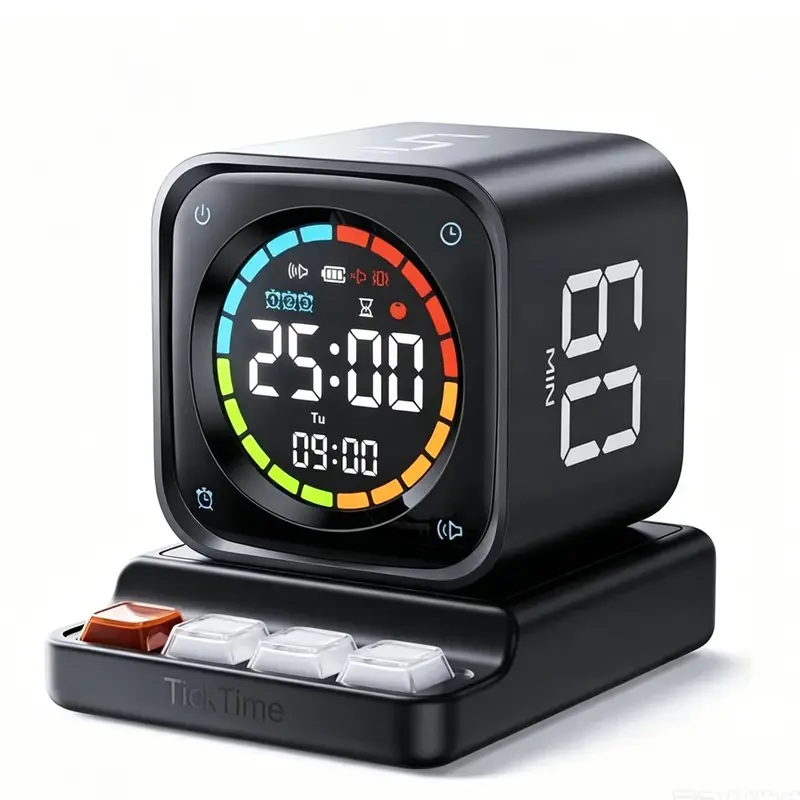 TICKTIME TK3 Pomodoro Timer Cube - Digital Adjustable Timer, No Battery, No Magnets, Desk Productivity Tool with 5/10/30/60 Min Presets, Custom Countdowns, Stopwatch, Clock, 3 Alarms, Silent/Vibrate/Sound Alerts for ADHD Study, Kitchen (Black)