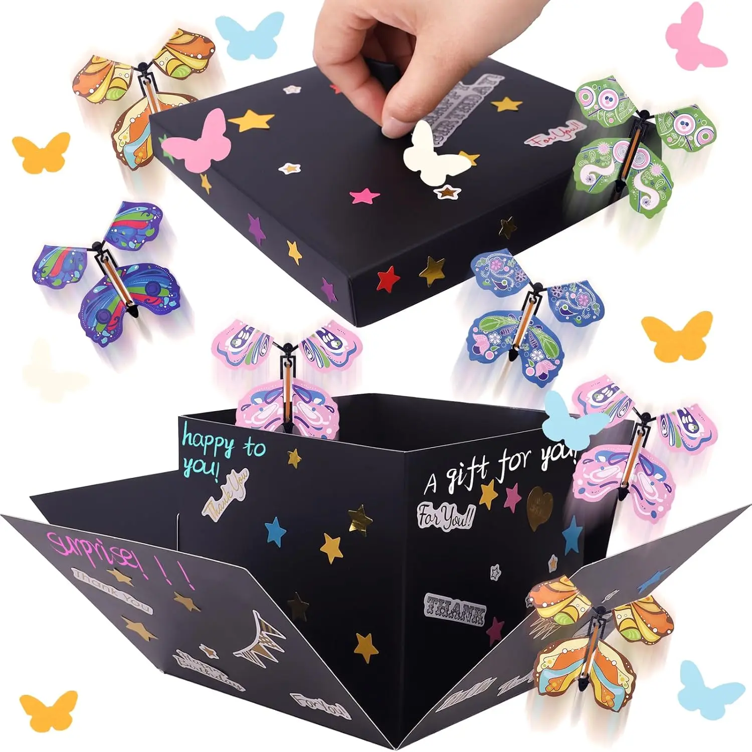 Black DIY Exploding Surprise Box with Flying Butterflies & Rubber Band - 360° Rotation, 5.7 x 5.7 x 4.9 Inches, Office Stationery Gift for Mother's Day, Birthdays, Anniversaries