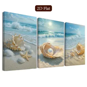 3 Piece Ocean Theme Framed Art Set, Summer Canvas Print, Pearl Print Poster, Coastal Style, Modern Home Decor, Classroom Art, Wall Decoration, Unique Artwork