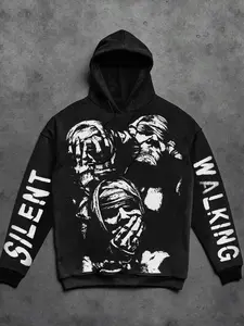 Unisex Hooded Sweatshirt with Face Print Design, Street Fashion Streetwear Hip Hop Casual Wear, Loose Fit Short Kint Fabric for Fall & Winter