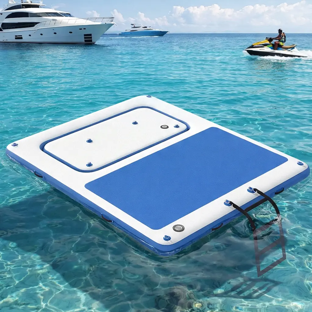 Bezliving 10'x8' Inflatable Floating Dock with 3mm EVA Anti-Slip Mat, Quick Inflation Deflation, Supports Up to 10 People, Floating Platform for Lakes, Pools, Ocean and Beach