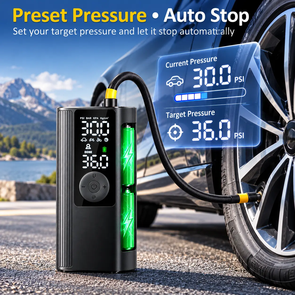 Portable Tire Inflator Air Compressor, Cordless Electric Air Pump with Digital Pressure Gauge, Auto Shut-Off, LED Light, USB Rechargeable for Car Tires, Motorcycles, Bicycles and Sports Balls