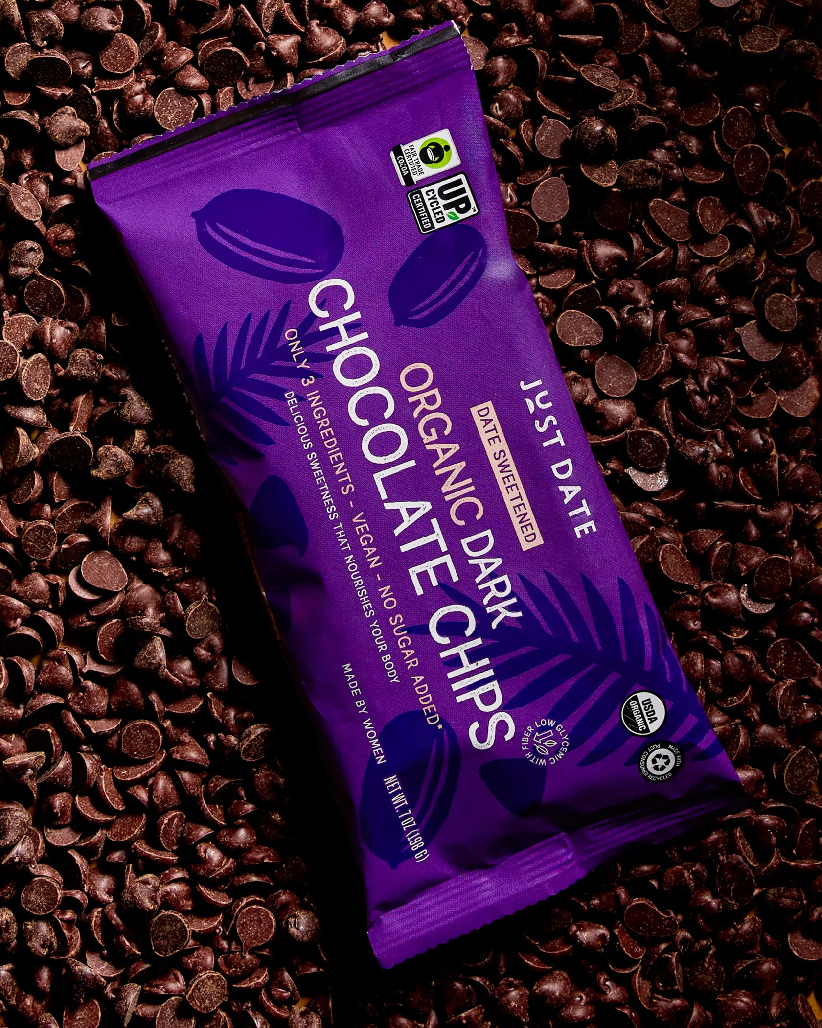 Just Date Organic Dark Chocolate Chips, No Sugar Added, Dairy-Free, Date Sweetened, Only 3 Ingredients: Dates, Cacao & Cocoa Butter for Baking, Dessert & Snacking