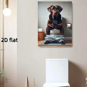 1 unique Labrador Retriever in toilet canvas wall art, humorous print with glasses and smartphone, pine frame, home, bathroom, office, caf é decoration