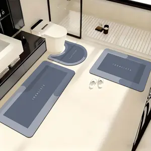 Quick Dry Bath Mat Set 3 Piece Diatomaceous Earth Non Slip Soft Surface Machine Washable with Minimalist Text Design for Bathroom Home