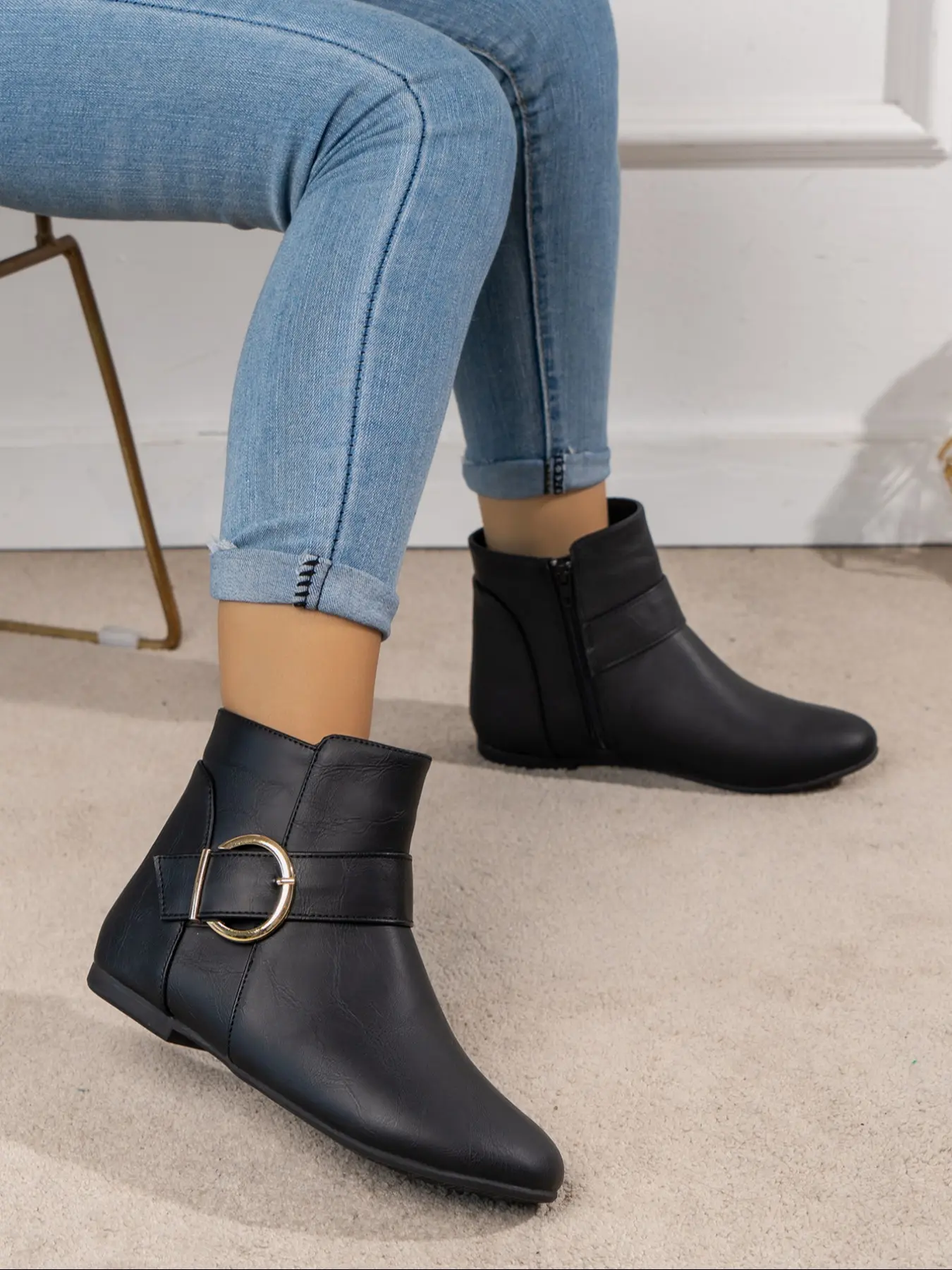 Women's Fashion Western Style Casual Solid Color Boots, Classic Round Toe Side Zipper Design, Comfortable Flat Heel Denim Boots for Women, Ankle Boots, PU Leather Boots