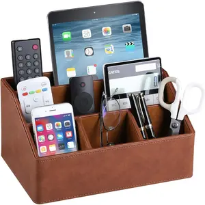 PU Leather Desk Organizer, Luxury Remote Control Holder for , Office Desk Accessories Table  Bedside Nightstand Organizer (Brown)