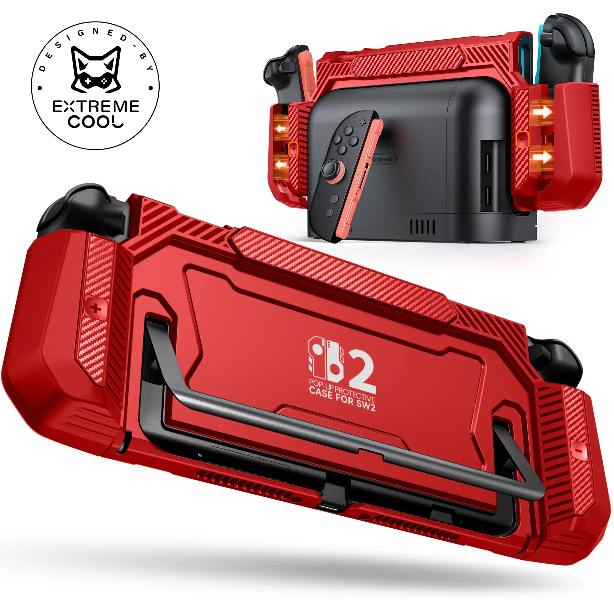 ESYWEN Dockable Red Case for Nintendo Switch 2,[Exclusive Pop-up Joy-Con Quick Release][Military-Grade Protection][Stand Compatible] Switch 2 Protective Case with Ergonomic Grip, Shell for Switch 2 Console