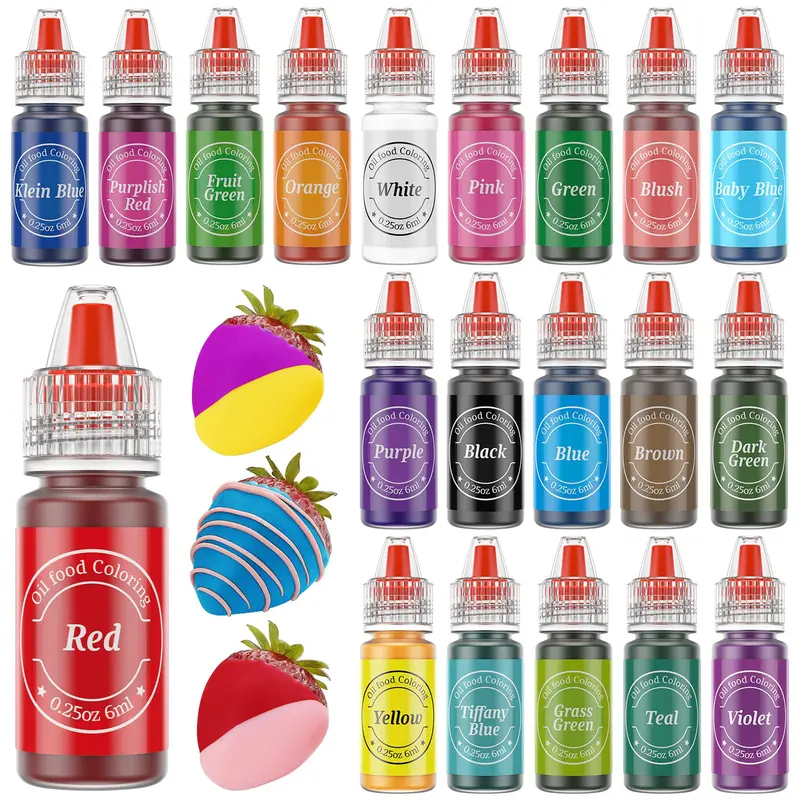 20-Pack Food Grade Chocolate Oil Edible Food Dye Set, 0.25 Fl Oz Bottles for Baking Supplies (Bake Cookies, Fudge, Cupcakes), Red White Purple Fruit Green Baby Blue Dark Green for Macarons, Candies, Sugar Cream Dairy