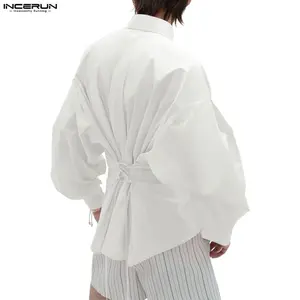 INCERUN Men's Corset Back Shirt Puff Sleeve Lace-up Waist Blouse Victorian Poet Top Romantic Party Costume (Back View)