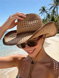 Fashionable Panama Cowboy Straw Hat, Bohemian Style Beach Sun Hat, Windproof Casual Hat for Vacation, Back to School, Random Color, Adjustable Caps