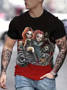 Ghost Bride Motorcycle Print T-Shirt, Unisex Couple Style, Cool Anime Short Sleeve, Casual Fashion Summer Wear, H-Type Silhouette