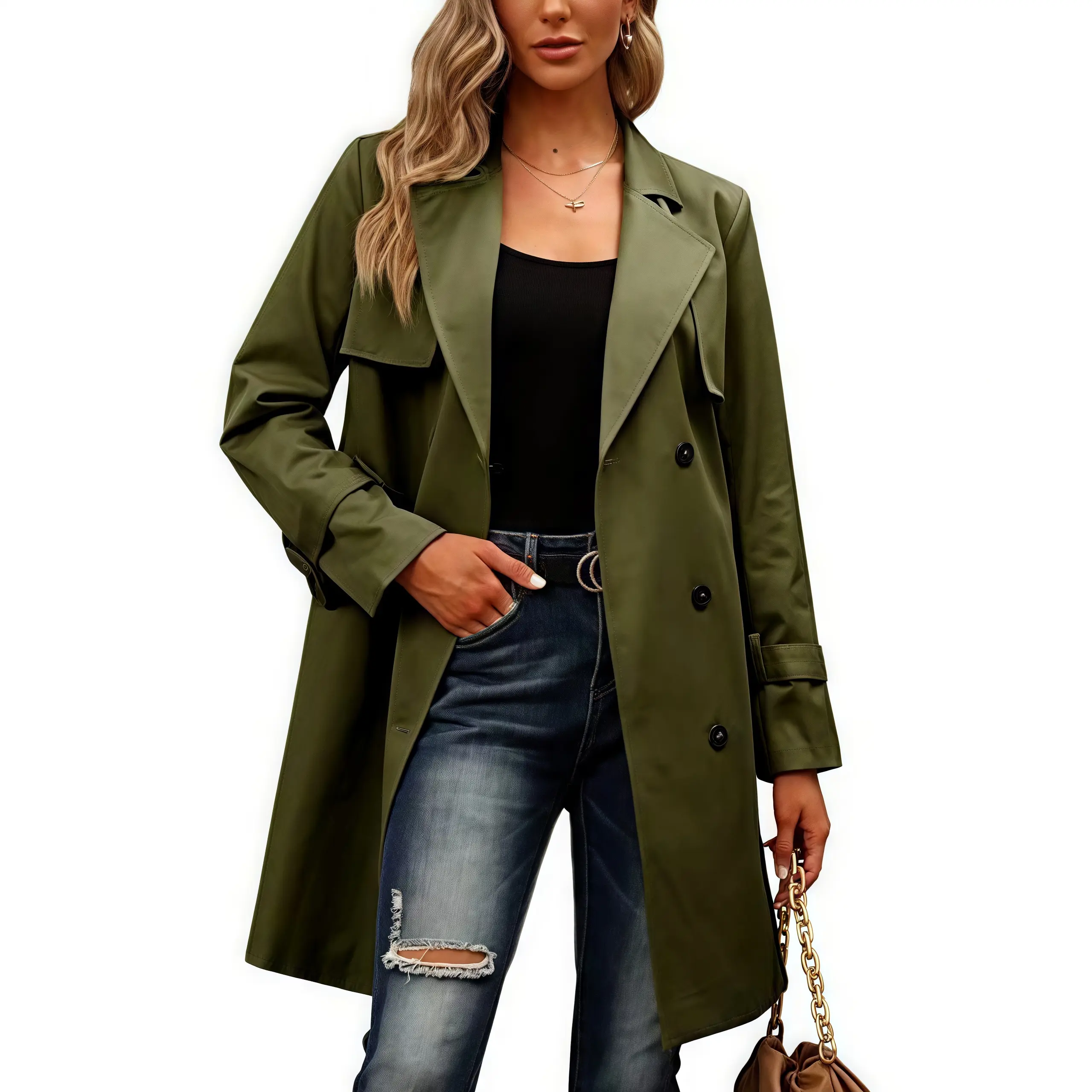 Women's Commute Style Trench Coat, Solid Double-Breasted Polyester Fabric Jacket with Long Sleeves and Waist Belt, Long Sleeve