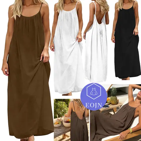 EOJN Women's Solid Color Cami Lounge Dress, 2026 Elegant Sleeveless Long Dress for Summer, Loungewear Pajama Ladies Sleepwear for Indoor Wear Casual Day