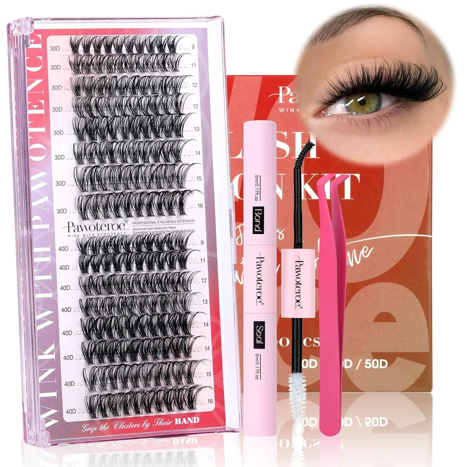 Pawotence Lash Extension Kit Individual Lash Clusters Kit 9-16mm 30D 40D Cluster Eyelash Extensions Kit with Lash Bond and Seal, Lash Tweezers for Self Use (30D&40D, 0.07D, 9-16mm, Portable Kit)
