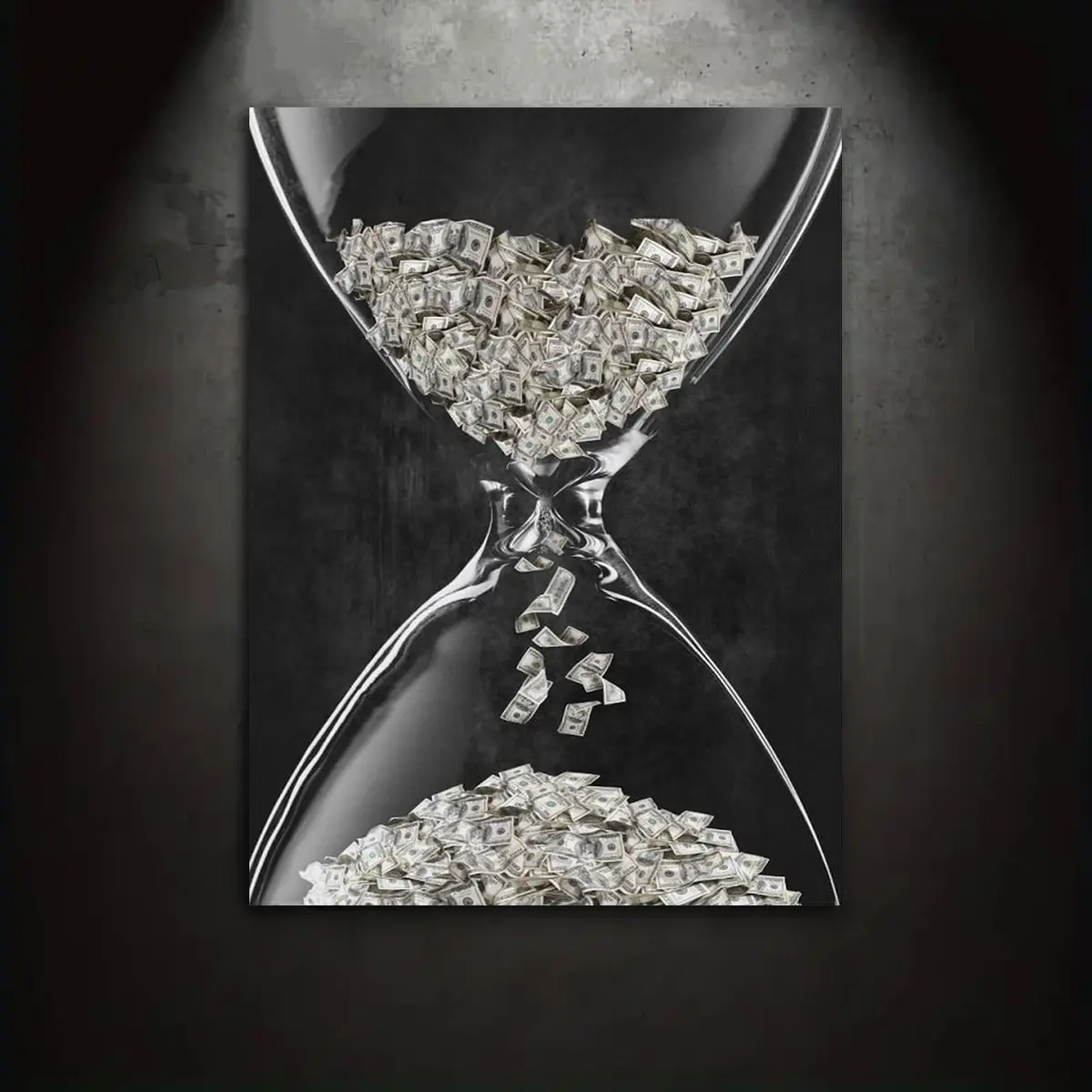 “Time Is Money” dollar hourglass black and white motivational minimalist artwork, 2D flat-print canvas wall art poster, wall decoration for home and bedroom, masculine bedroom décor, perfect gift for entrepreneurs’ bedrooms & workspaces