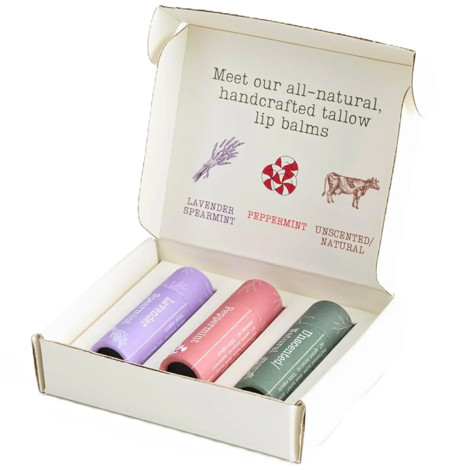 Hearth & Homestead - Handmade Beef Tallow Lip Balm Collection | Organic & Natural Lip Stick Moisturizer - for Women and Men - Ideal Gift - Unscented/Peppermint/Lavender-Spearmint (Set of 3 .33 oz)