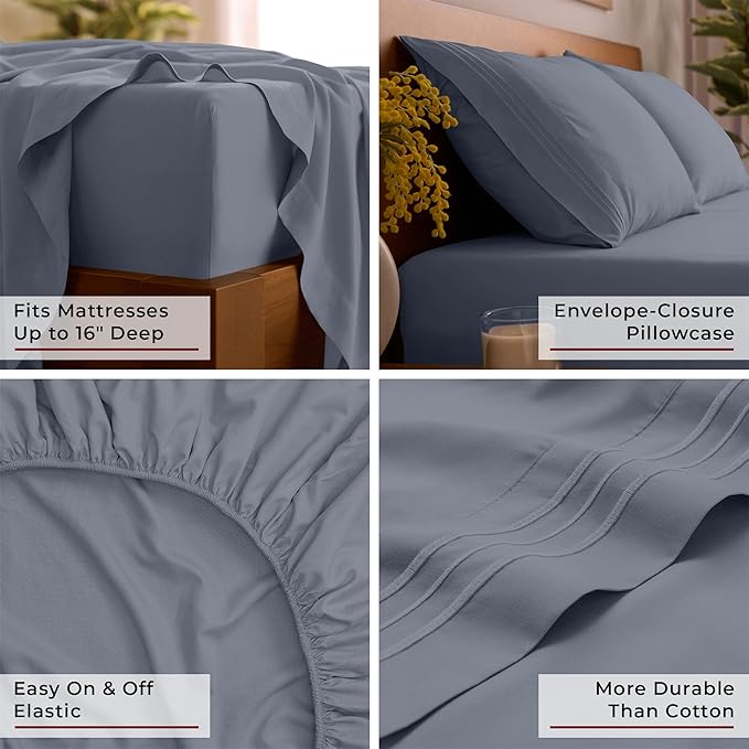 4-Piece Microfiber Sheet Set – 16" Deep Pocket, Soft & Breathable, Wrinkle-Free, Machine Washable – All-Season Luxury Bedding for King/Queen/Full/Twin Sizes, Elegant Three-Line Embroidery, Ultra-Soft Microfiber, Low Maintenance, High Comfort