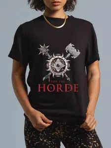 100% Cotton FOR THE HORDE Fantasy Sword Mace Weapons & Shield For Battle T-Shirt