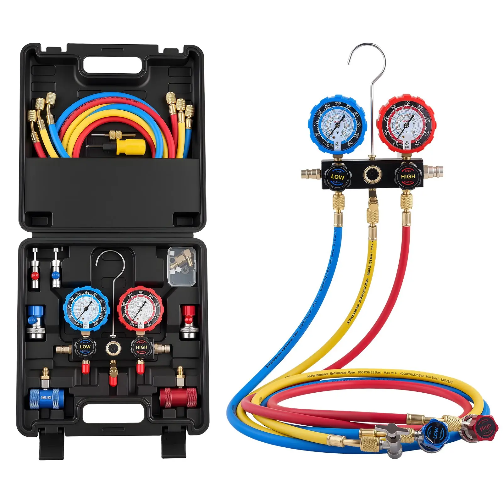 【Summerfinds】VEVOR 3-Way AC Manifold Gauge Set, HVAC Gauges for R134a R404A R1234yf R22, 5 ft Hoses, Adapters, Quick Couplers, Can Taps for Automotive AC Maintenance & Charging Evacuation (Father's Day Gift), Brass Fitting, Calibration Screw, Multifunctio