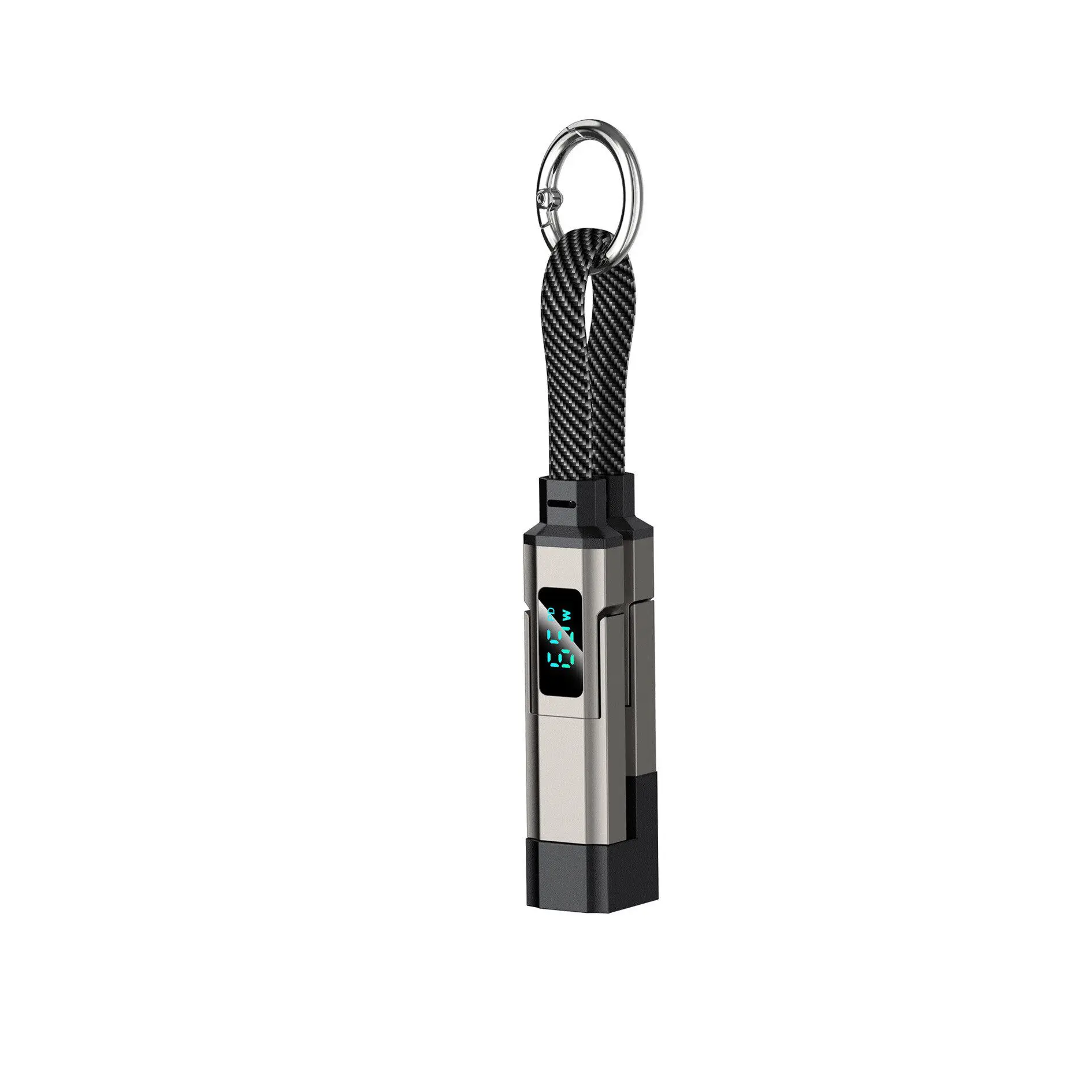 65W 4-In-1 Digital Screen Charging Cable Portable Keychain Data Cord with USB A Type C Lightning