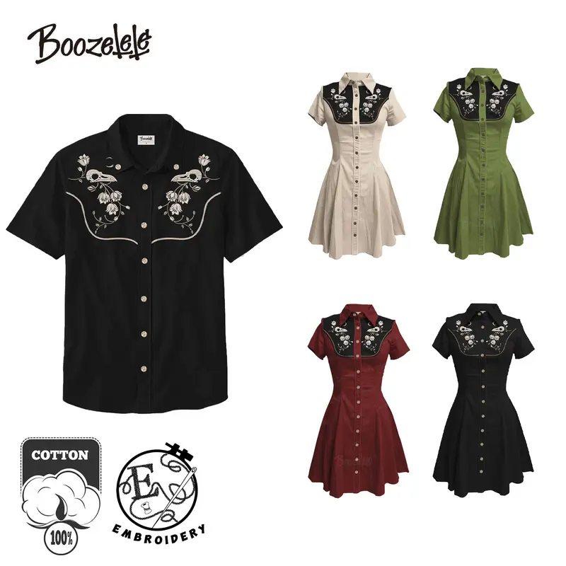 BOOZELELE Women's 100% Cotton Short-Sleeve Floral Blouse Top - Retro Embroidery Flower & Raven Skull, Button Closure, Gothic/Western Style, Loose Classic Fit, Pleated Back Ease, Quick Dry, Halloween Outfit Idea, Western Clothes