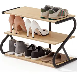 Shoe Rack, Z-Frame Wooden 3-Tier Shelf with Durable Metal Shelves, Shoe Organizer for High Heels, Hallway, Living Room, Closet, Bedroom (Natural Wood) shoe rack