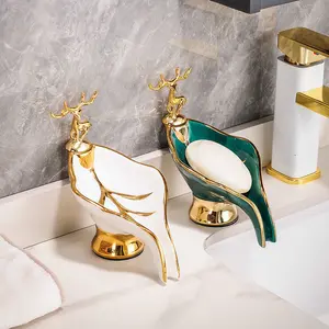 1pc Leaf Shaped Soap Box With Deer Decoration, Self-draining Soap Dish, Soap Holder For Bathroom & Kitchen, Home Decor, Bathroom Essential Ceramic
