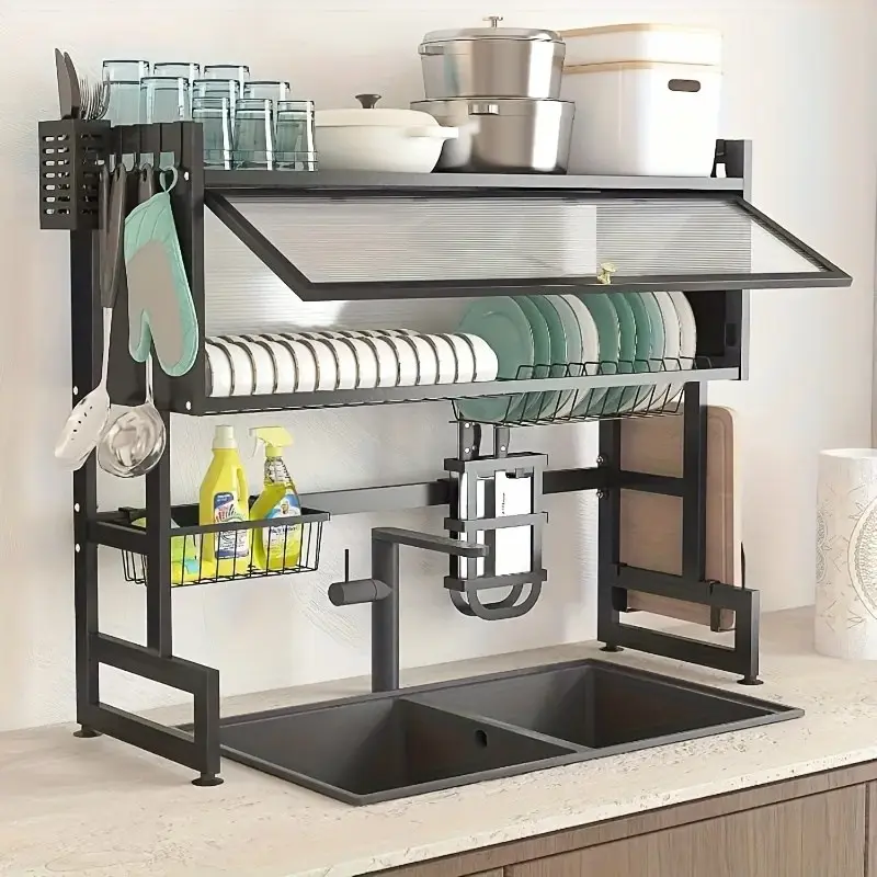 1pc Multi-Tier Dish Rack Kitchen Sink Countertop Dust-Proof Storage Drying Rack for Dishes Household Utensil Drain Rack Black Kitchen Storage Rack