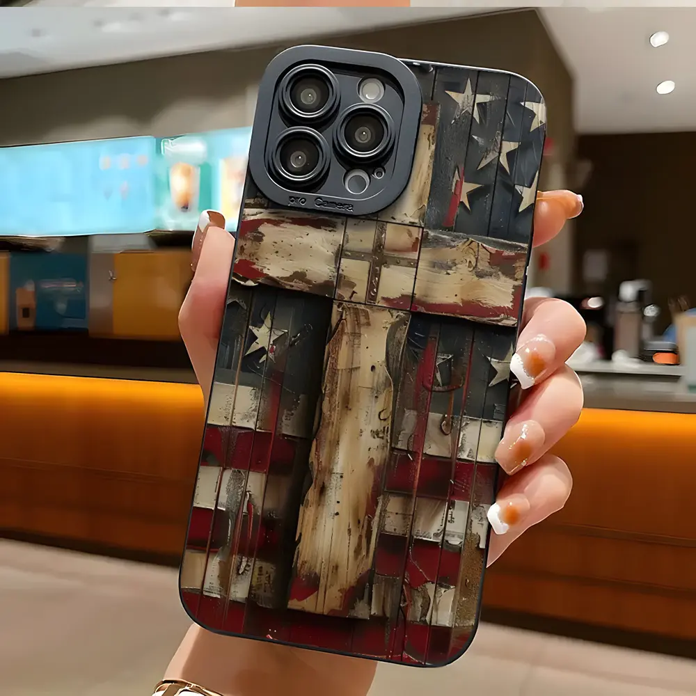 Retro American Flag Cross Smartphone Case - Multi-Model Flexible TPU Cover with Anti-Drop, Shockproof, Durable Protection for iPhone 11 to 16 Pro Plus, Pro Max Series & Full Port Access