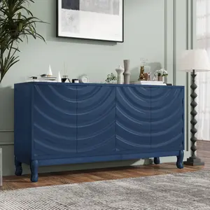 Elegant Sideboard Featuring Sophisticated Wavy Pattern Doors with Arched Groove Design in a Stylish Four-Door Layout,Adjustable, Suitable for Study, Entryway and Living Room(Navy Blue)