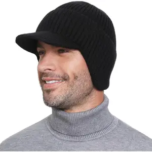 Winter Beanie with Brim and Ear Flaps, Outdoor Warm Fleece Lined Knit Hat Stocking Caps for Men Women